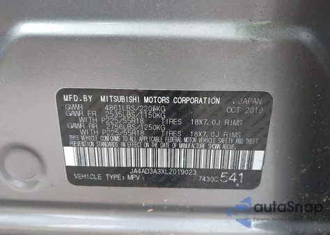 2020 Mitsubishi Outlander Sel 2.4 из США, поврежденный, VIN JA4AD3A3XLZ019023